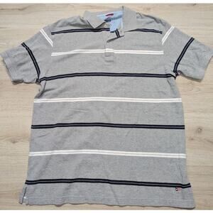Wrangler Shirt Mens Size L Lg Large POlo Striped Top Sleeve Grey‎ Blue White